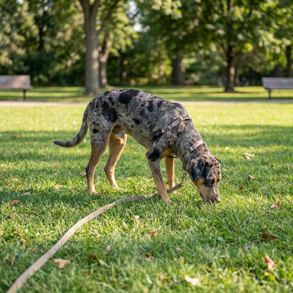 A Catahoula Leopard Dog sniffing the ground while on a long leash in a grassy park