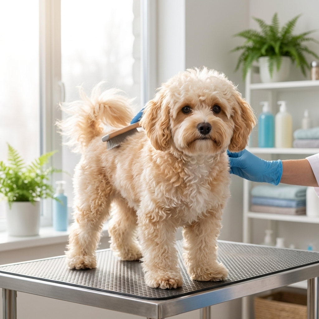 A Cavachon being gently brushed on a grooming table in a bright room