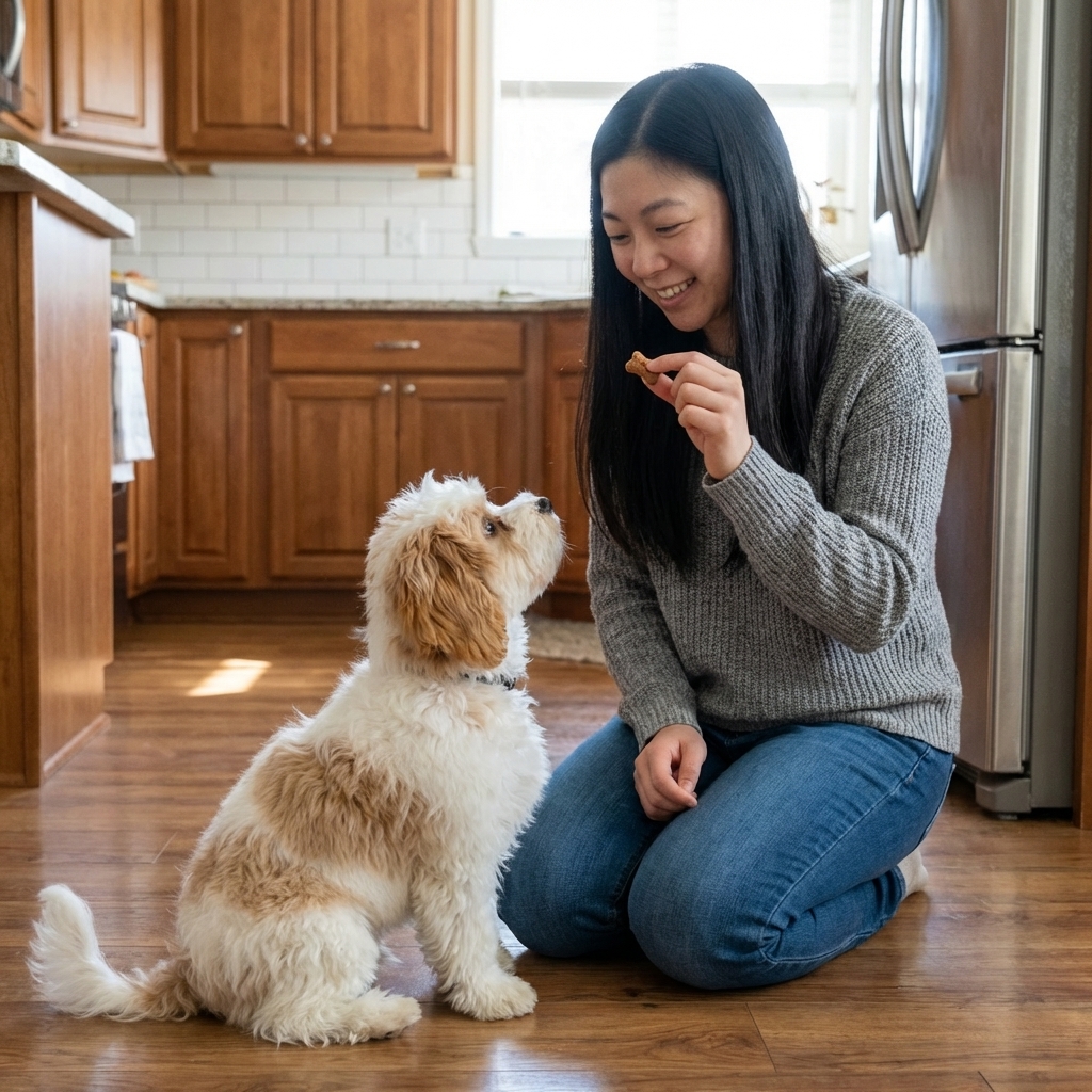 A Cavachon puppy sitting politely while a person offers a small treat in a kitchen