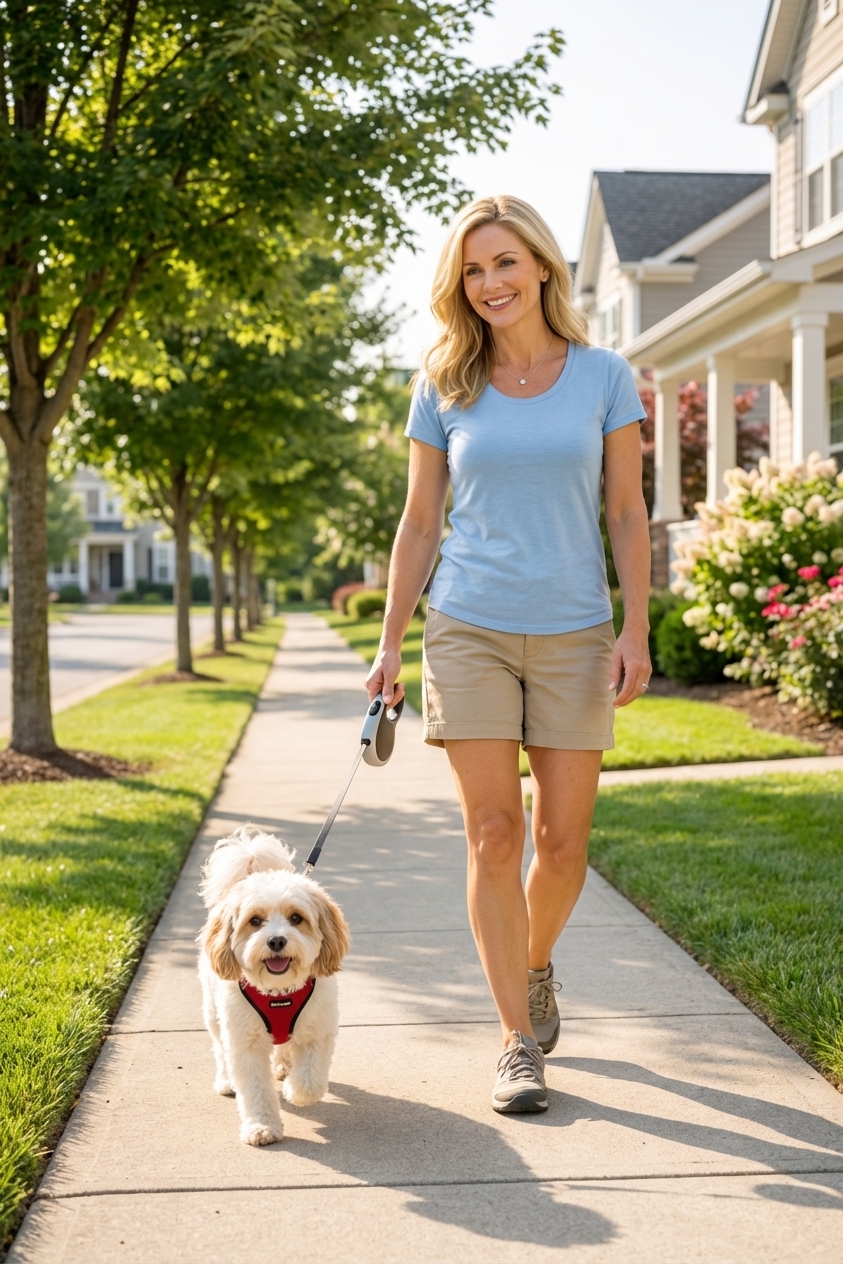 A Cavachon walking on a leash along a neighborhood sidewalk on a sunny day