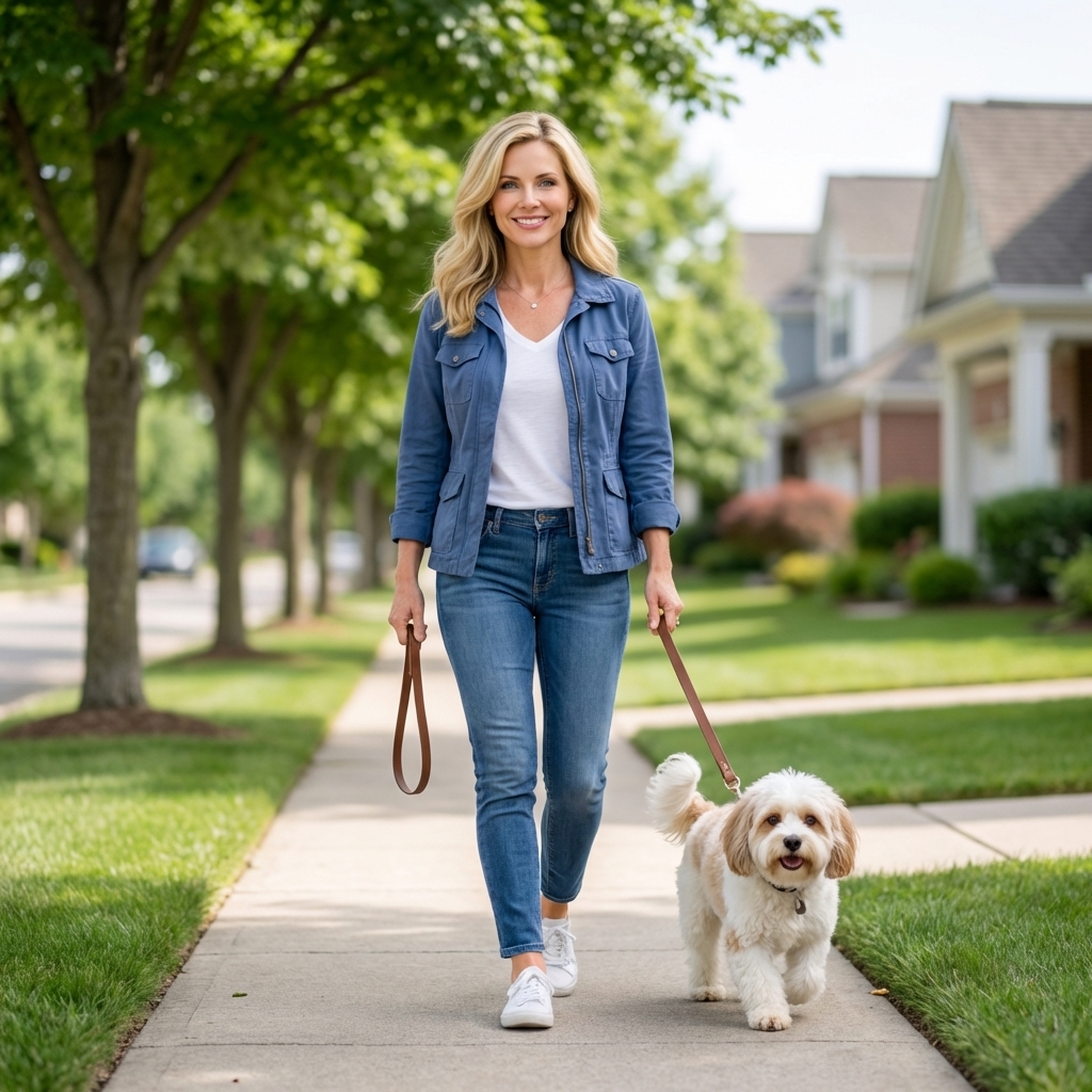A Cavachon walking on a leash on a quiet neighborhood sidewalk