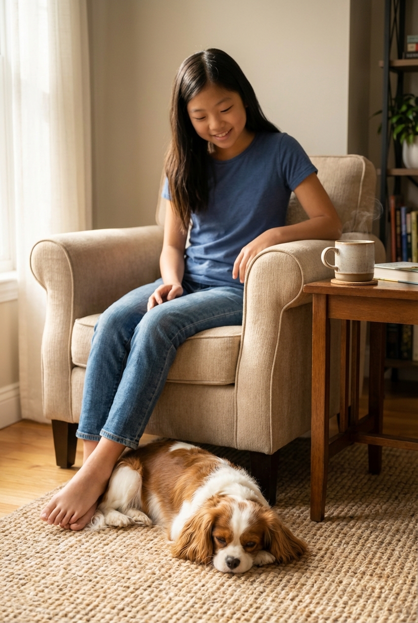A Cavalier King Charles Spaniel lying at the feet of a person sitting in a chair with a mug of coffee on a side table