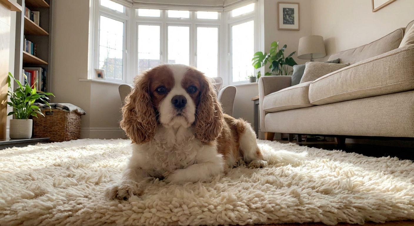 A Cavalier King Charles Spaniel lying calmly on a soft rug in a bright living room