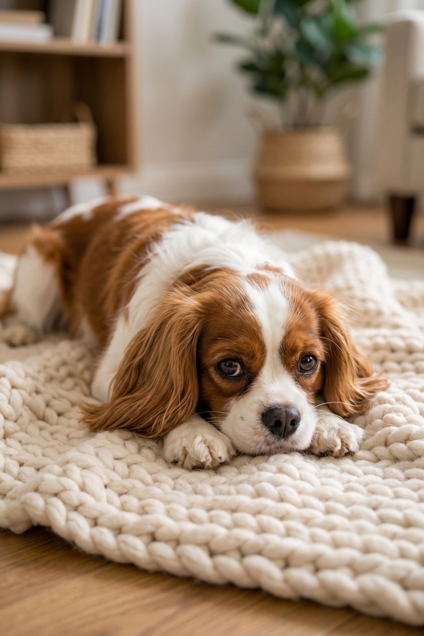 A Cavalier King Charles Spaniel lying calmly on a soft blanket indoors