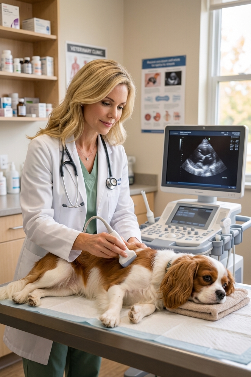 A Cavalier King Charles Spaniel lying on its side during a veterinary echocardiogram while a clinician holds an ultrasound probe near the chest, realistic clinic photo