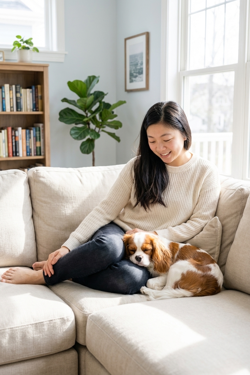A Cavalier King Charles Spaniel resting contentedly on a sofa next to a family member in a bright living room, natural light photo