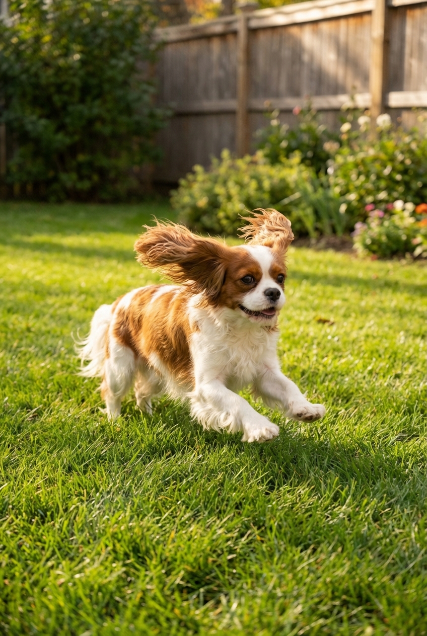 A Cavalier King Charles Spaniel running across a grassy backyard with ears flying back in mid-stride