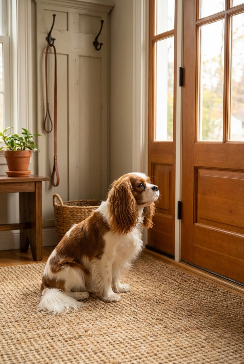 A Cavalier King Charles Spaniel sitting by a front door with a leash hanging on a hook in the background