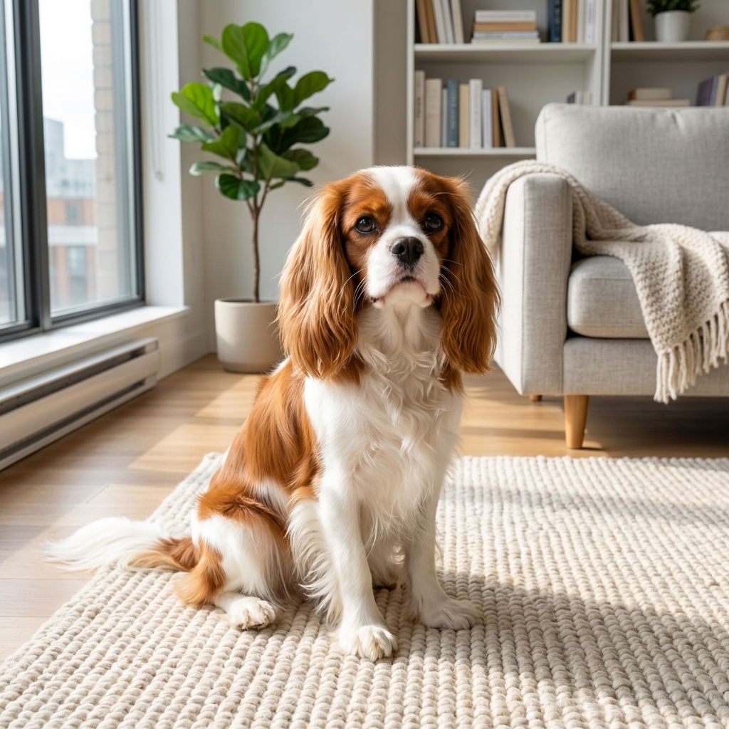 A Cavalier King Charles Spaniel sitting calmly on a rug in a bright apartment living room, photorealistic indoor pet photography