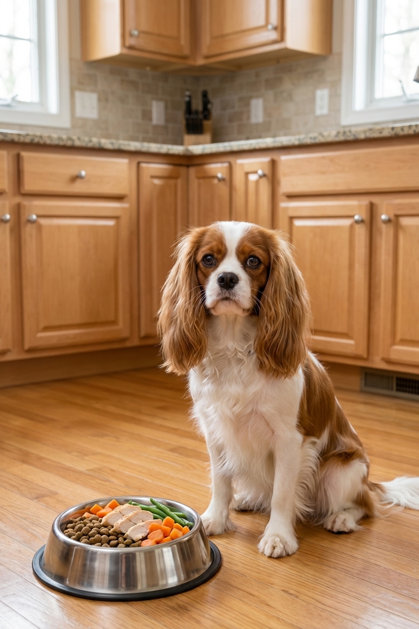 A Cavalier King Charles Spaniel sitting politely beside a stainless steel bowl containing a balanced dog meal, realistic indoor kitchen photo