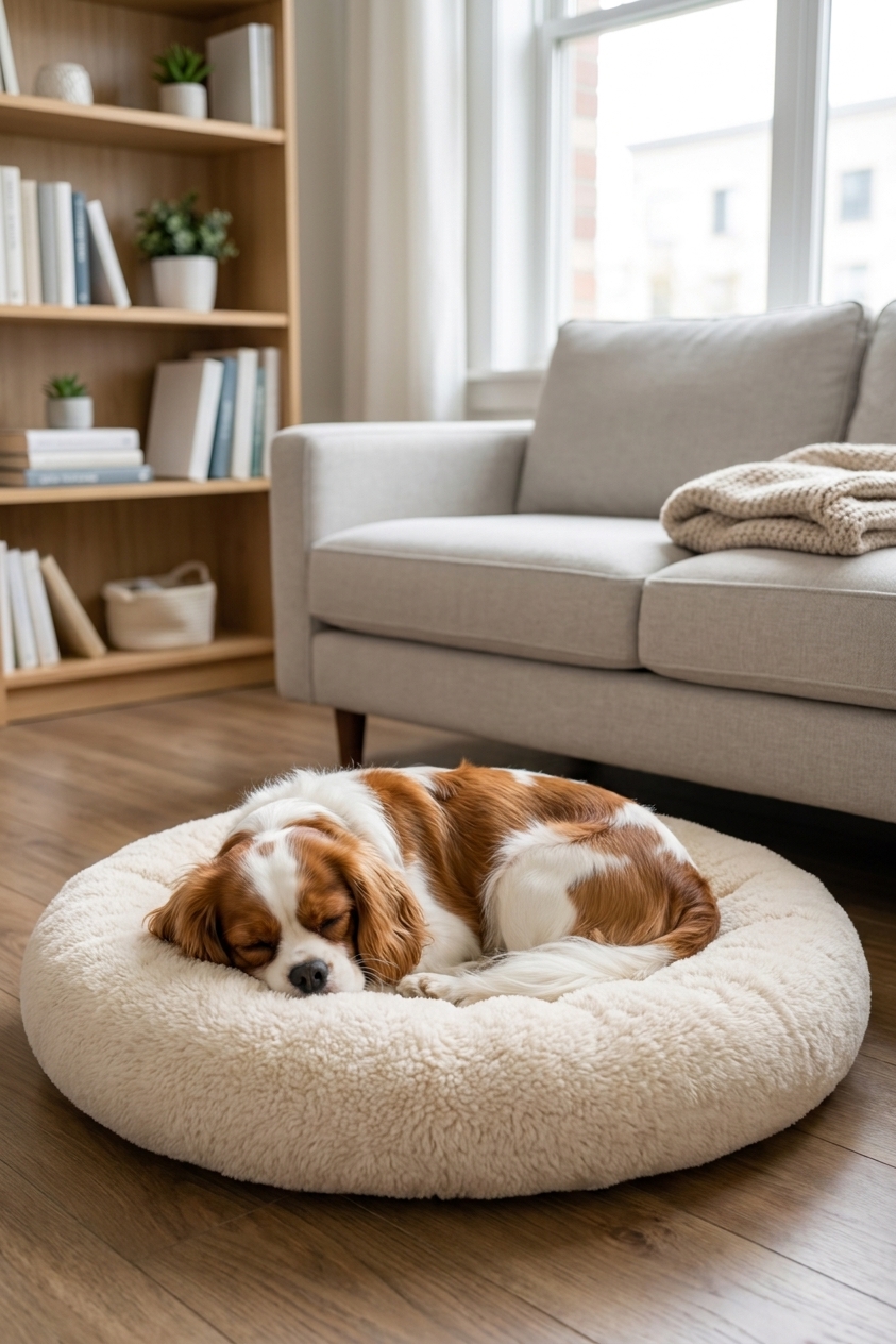 A Cavalier King Charles Spaniel sleeping peacefully on a dog bed in a tidy apartment living room, real photography style