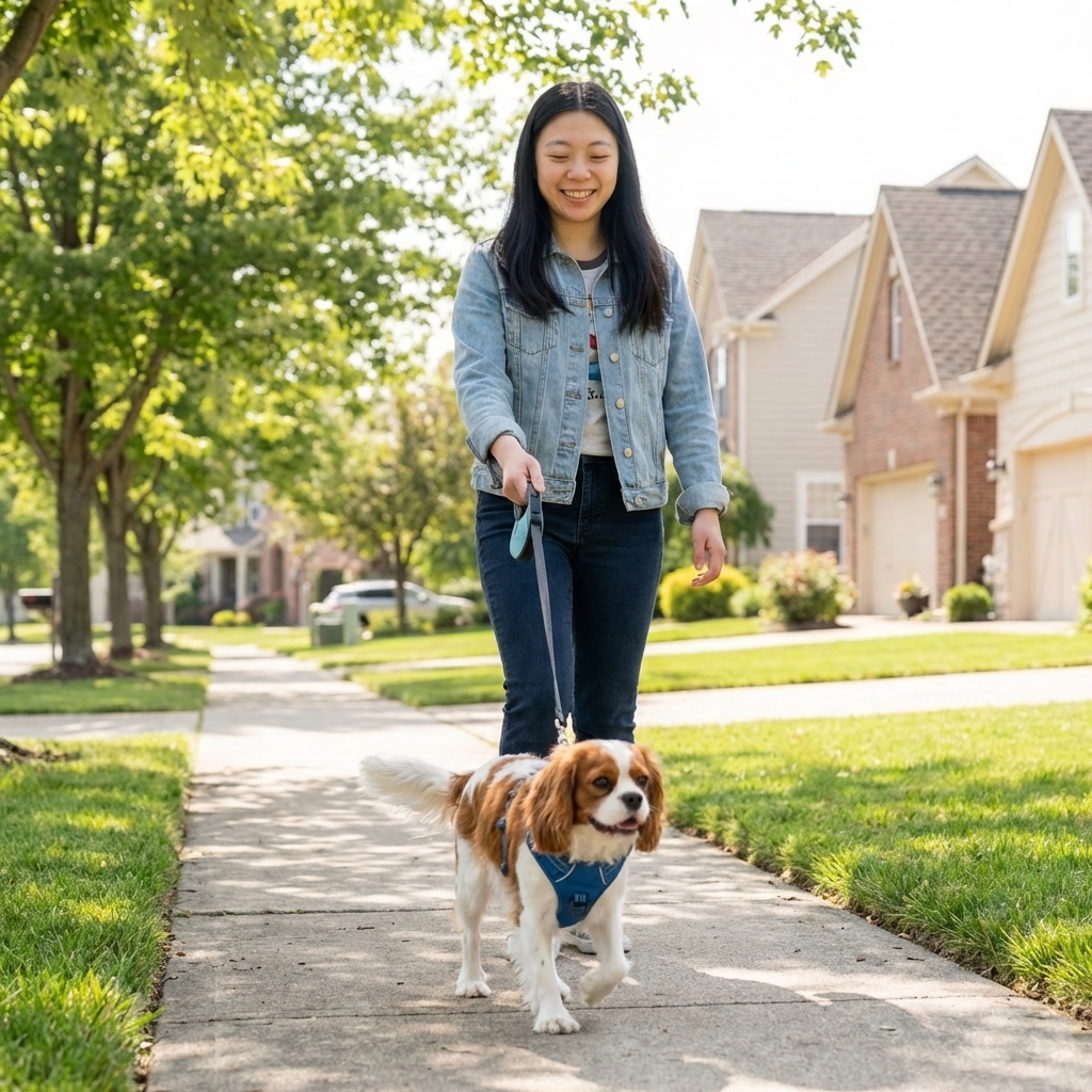 A Cavalier King Charles Spaniel wearing a comfortable chest harness while walking on a leash on a neighborhood sidewalk, realistic outdoor photo