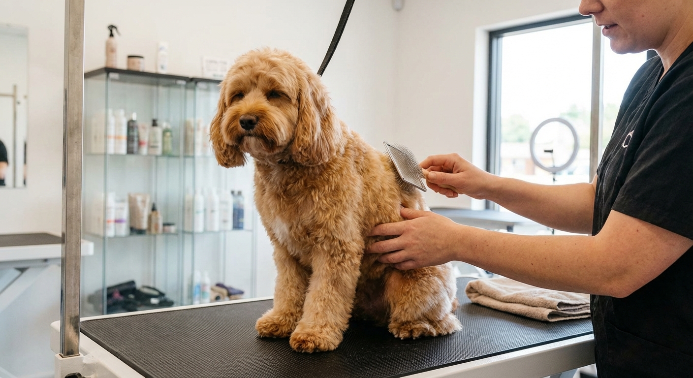A Cavapoo being gently brushed with a slicker brush on a grooming table, with calm handling