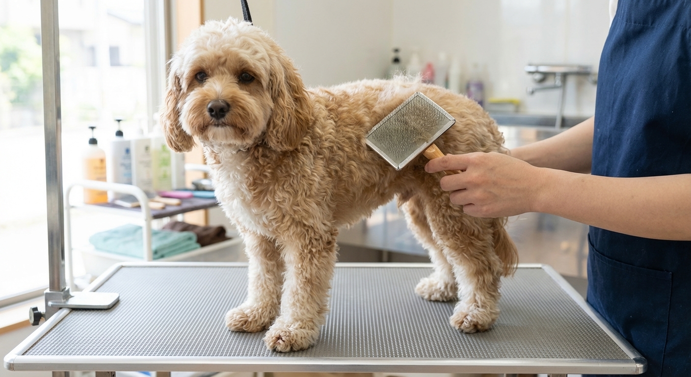 A Cavapoo being gently brushed with a slicker brush on a grooming table