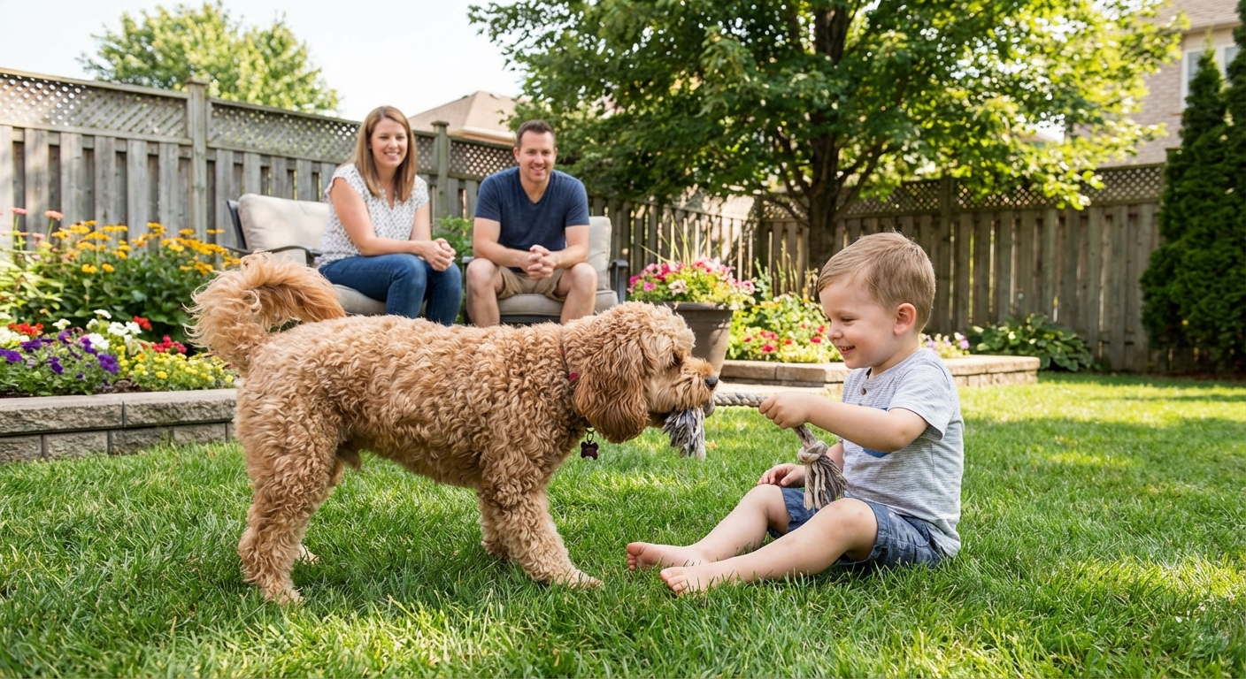 A Cavapoo gently playing with a child in a backyard with supervised, calm interaction