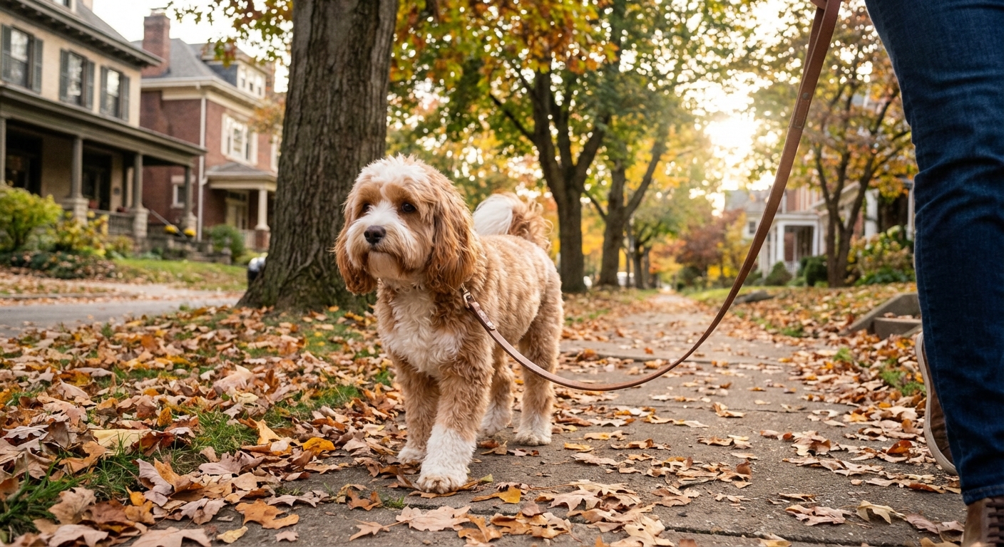 A Cavapoo on a leash walking on a leafy neighborhood sidewalk with a relaxed posture