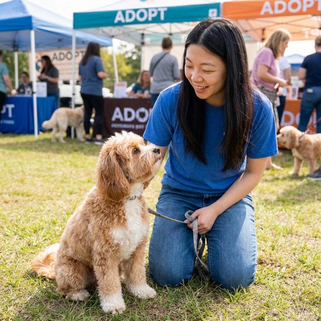 A Cavapoo sitting calmly beside a person holding a leash at a pet adoption event