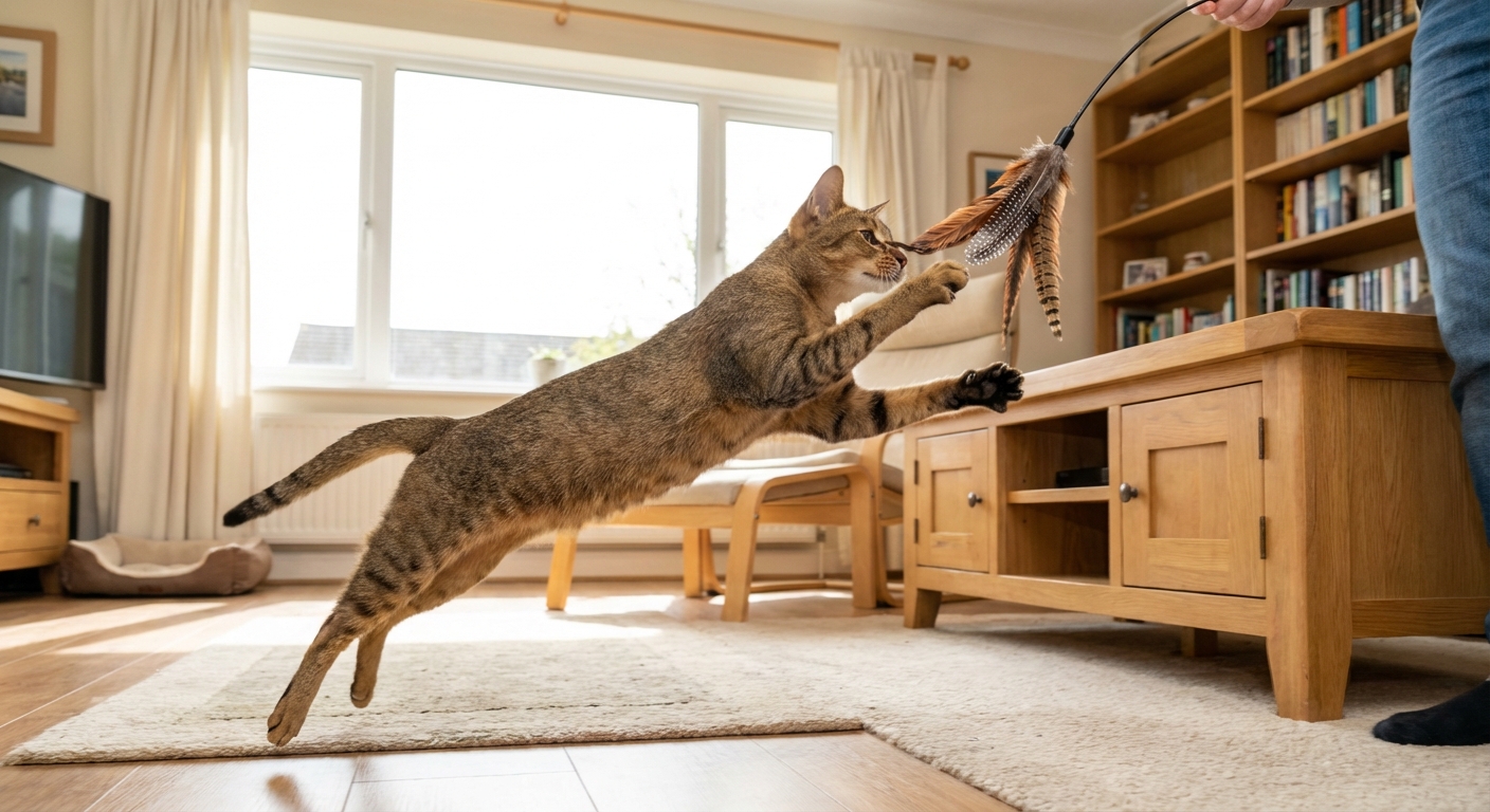 A Chausie cat leaping to catch a feather wand toy in a living room
