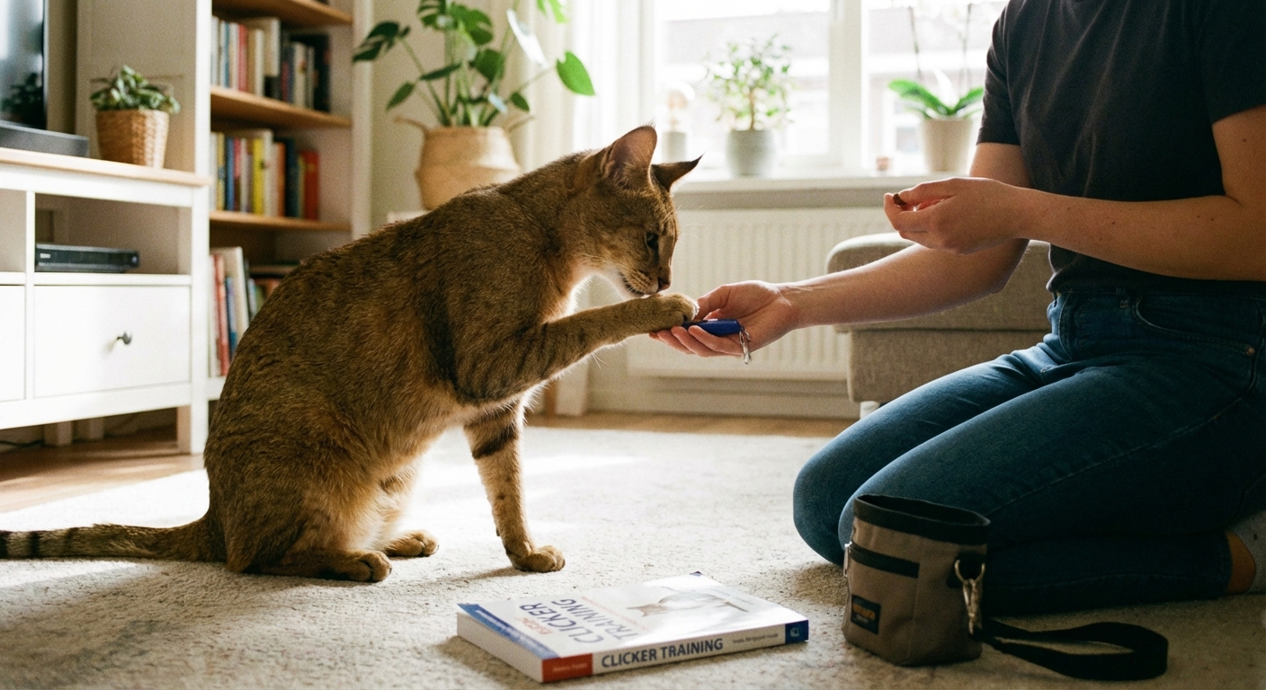 A Chausie cat touching a person’s hand during a clicker training session in a home