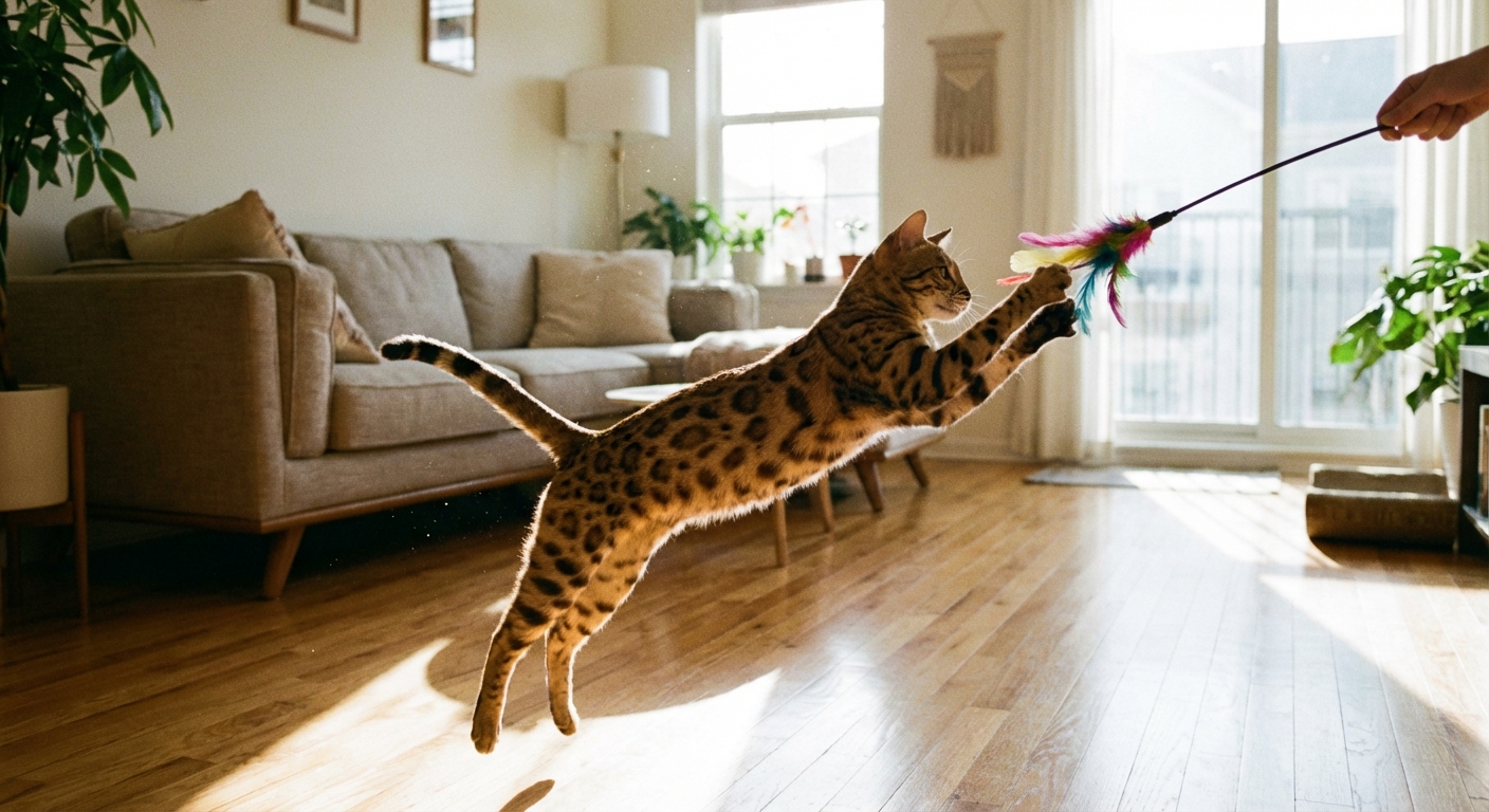 A Cheetoh cat mid-jump reaching for a feather wand toy in a bright living room