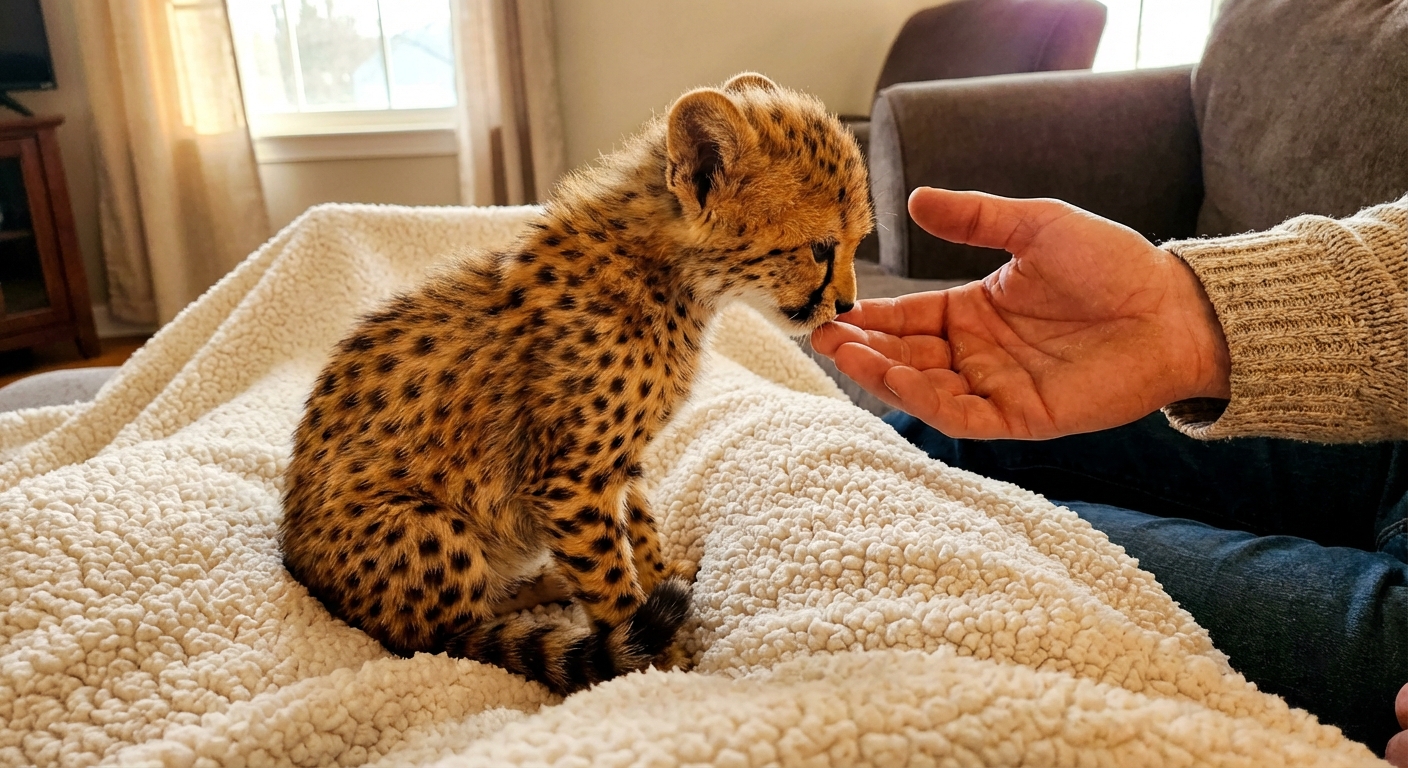 A Cheetoh kitten sitting on a soft blanket while a person gently offers a hand for the kitten to sniff