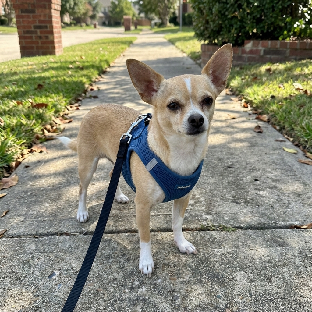 A Chihuahua wearing a properly fitted chest harness while standing on a sidewalk during a walk
