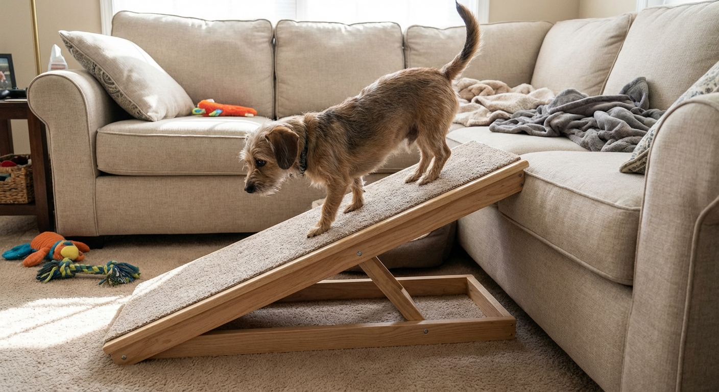 A Chiweenie using a small ramp to get onto a couch safely