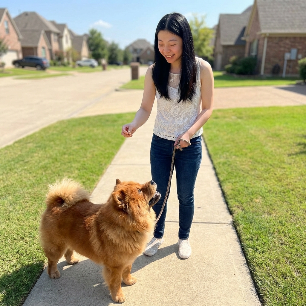 A Chow Chow standing beside its owner during a calm sidewalk training session