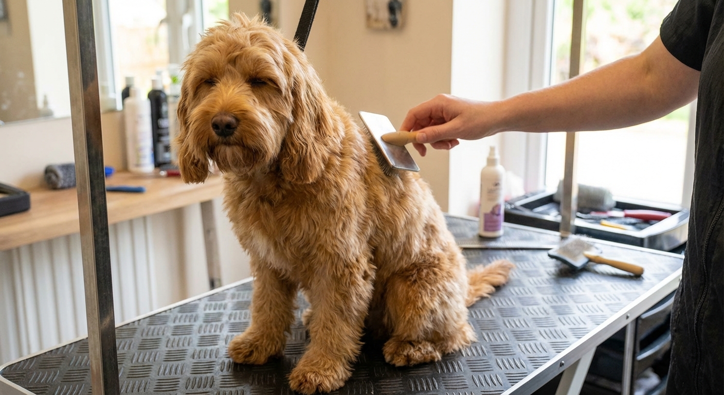 A Cockapoo being gently brushed with a slicker brush while sitting calmly on a grooming table