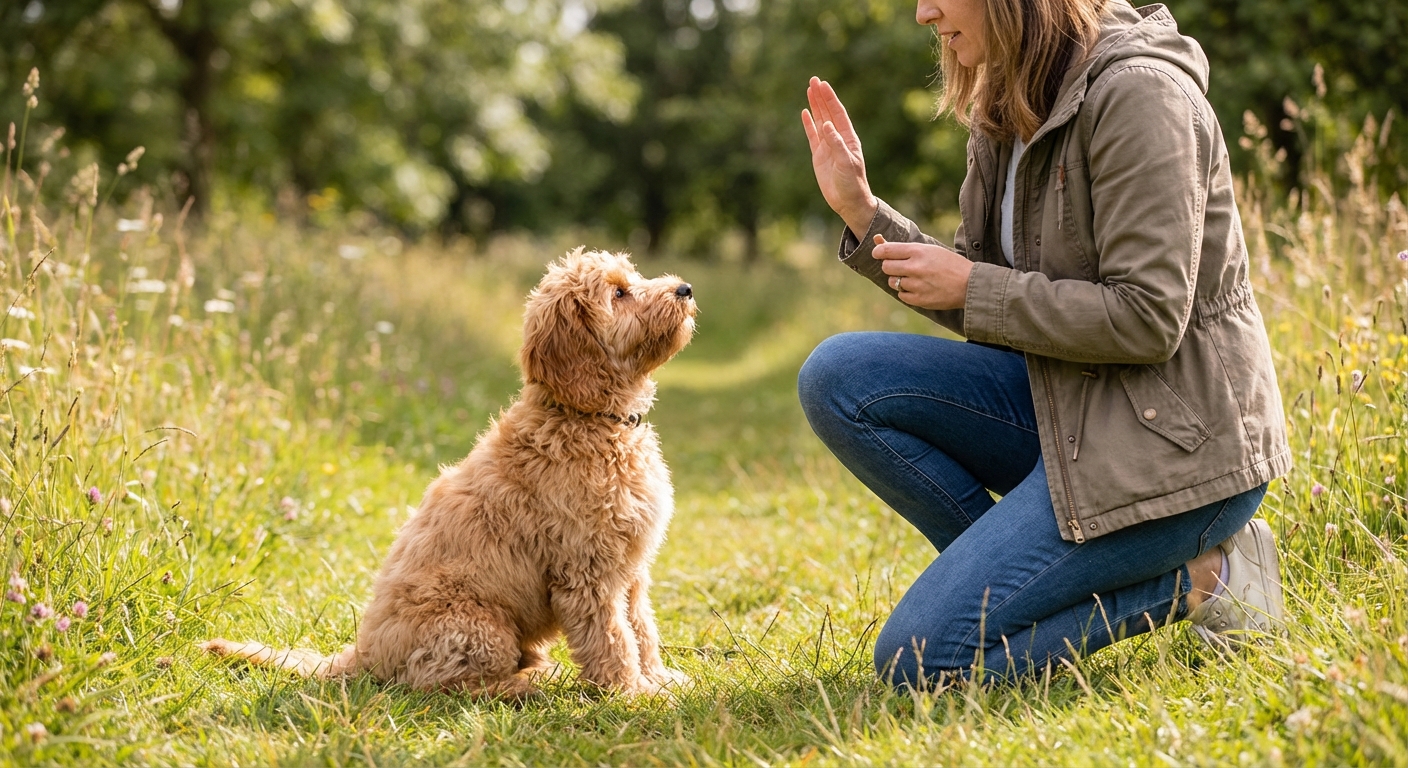 A Cockapoo puppy sitting calmly on grass while an owner practices a basic sit command