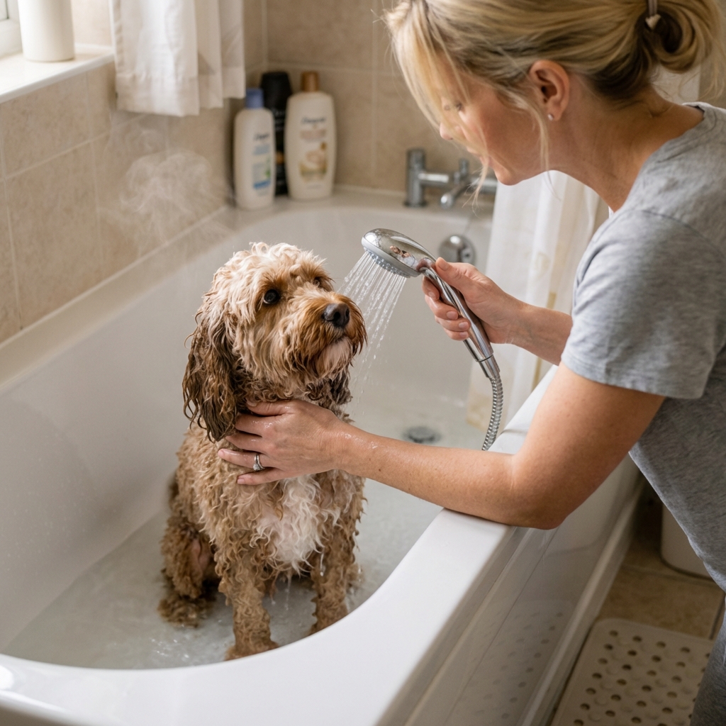 A Cockapoo sitting in a bathtub at home while being gently rinsed with warm water
