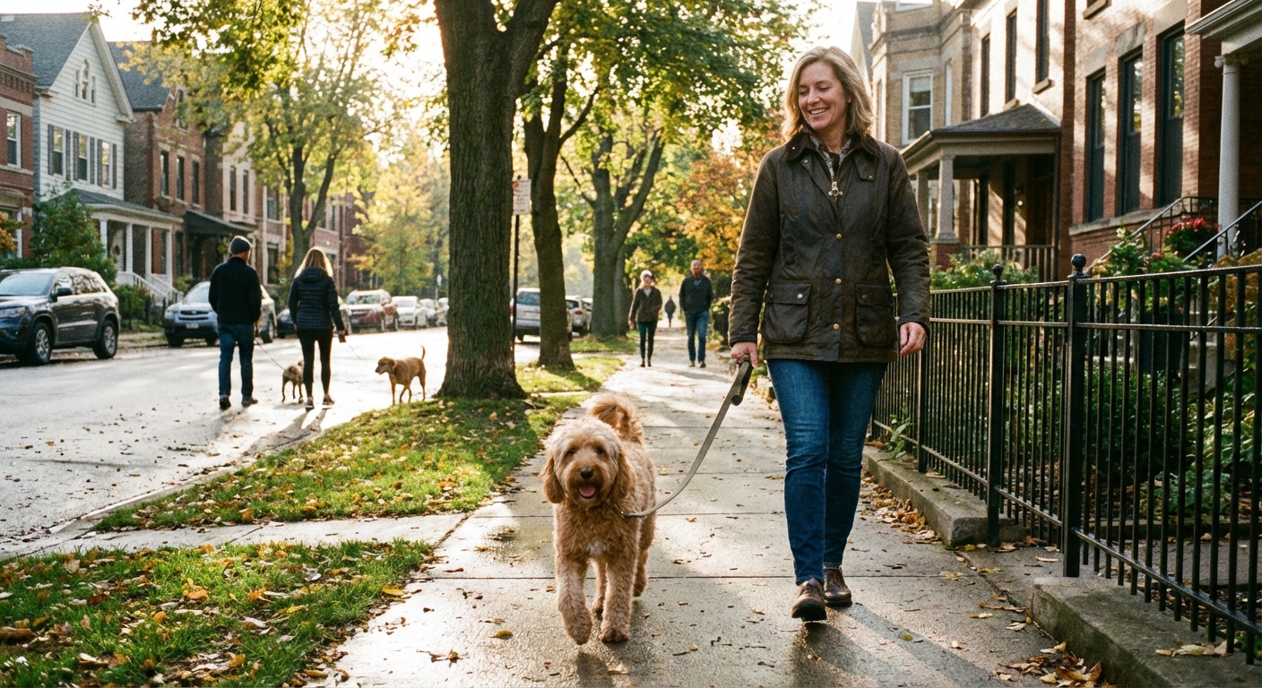 A Cockapoo trotting beside an owner on a neighborhood sidewalk during a morning walk
