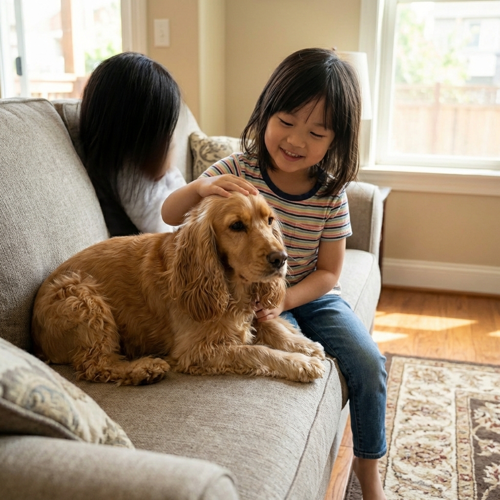 A Cocker Spaniel calmly sitting beside a child on a couch while the child gently pets the dog