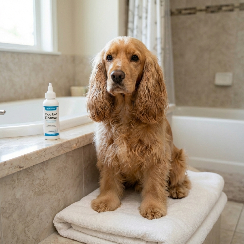 A Cocker Spaniel sitting on a towel near a bathtub while a bottle of dog ear cleanser sits on the counter