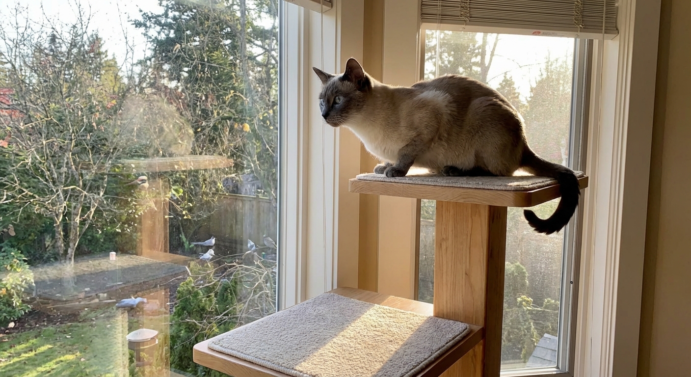 A Colorpoint Shorthair cat sitting on a tall cat tree near a sunny window watching outdoors