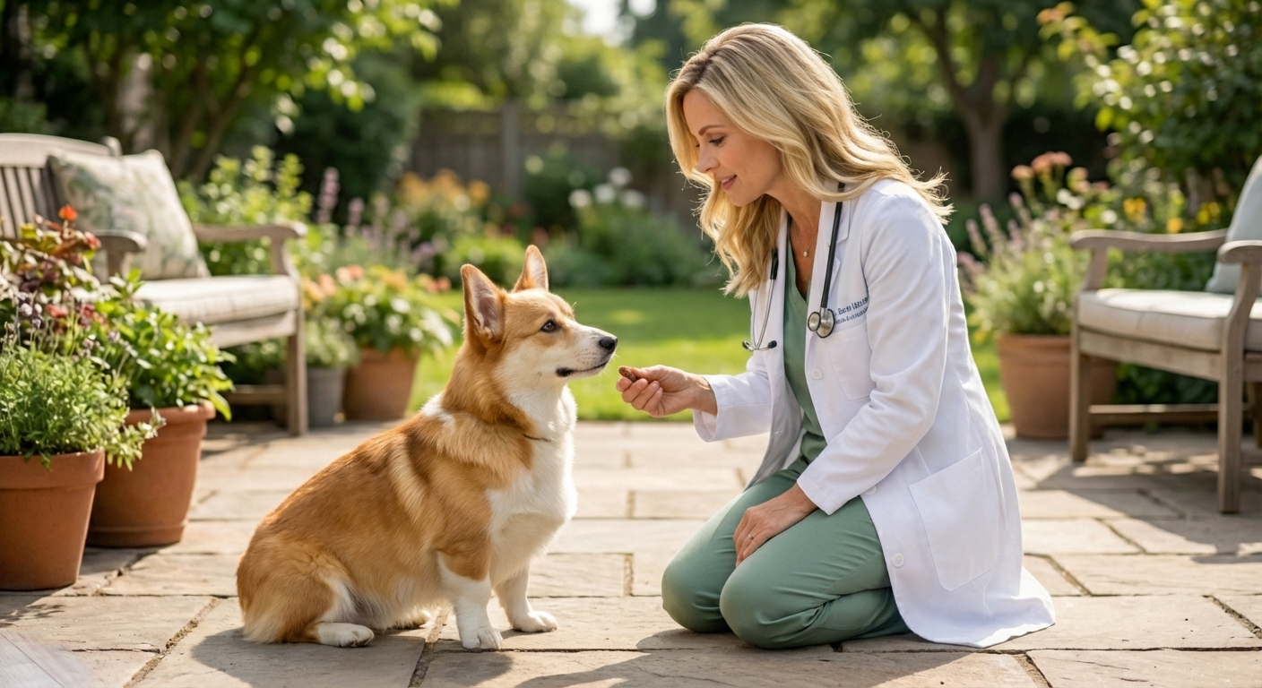 A Corgi sitting calmly while a person offers a small treat during obedience training