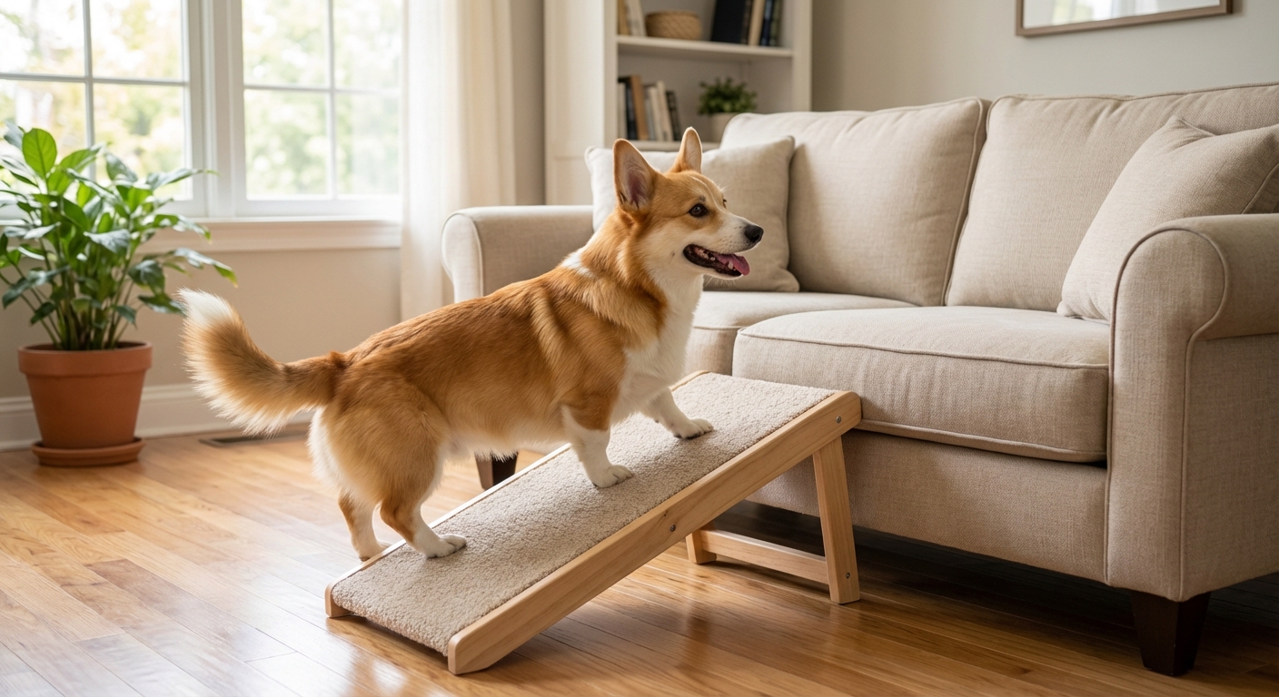 A Corgi walking up a small pet ramp to a couch in a living room