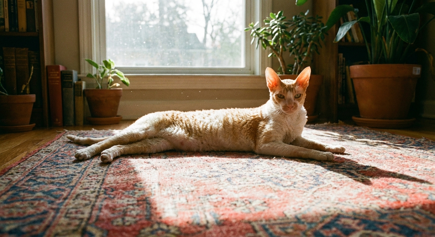 A Cornish Rex cat stretched out on a sunny rug