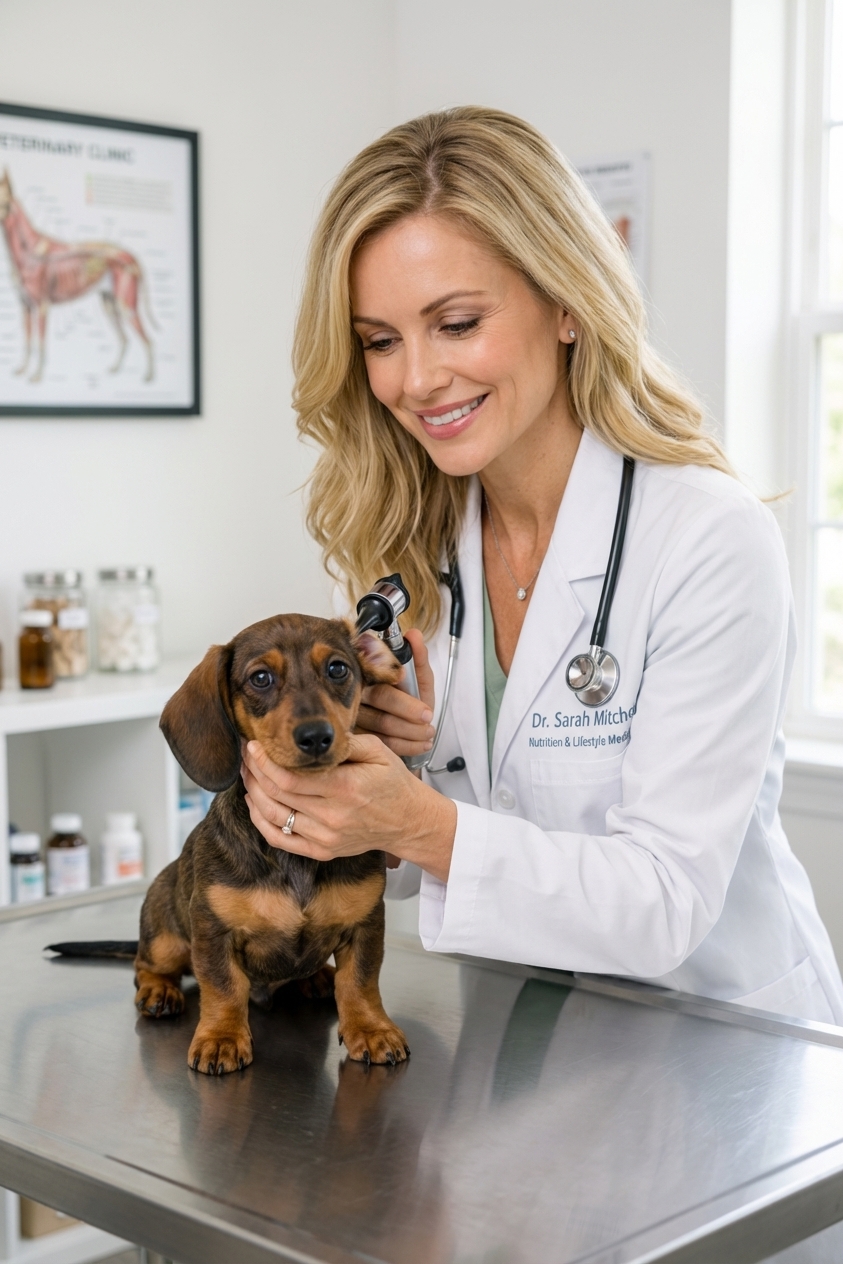 A Dachshund puppy being gently examined by a veterinarian in a bright clinic room, real photograph
