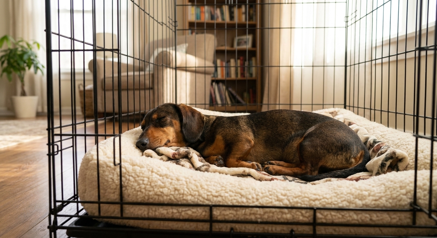 A Dachshund resting comfortably inside a wire crate with a padded bed in a quiet living room, realistic photography