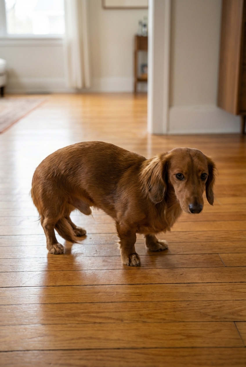 A Dachshund standing with a slightly hunched back posture on a hardwood floor