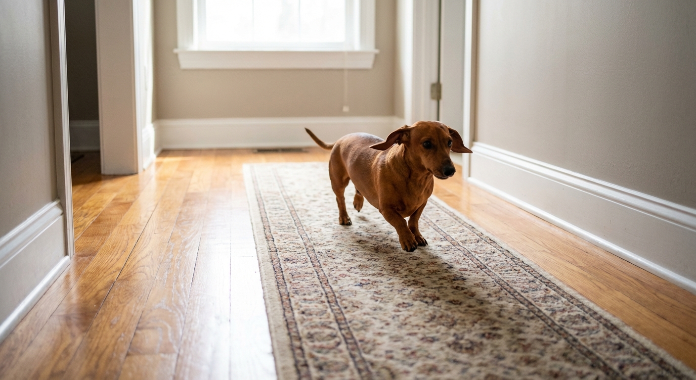 A Dachshund trotting across a hallway runner rug on a hardwood floor