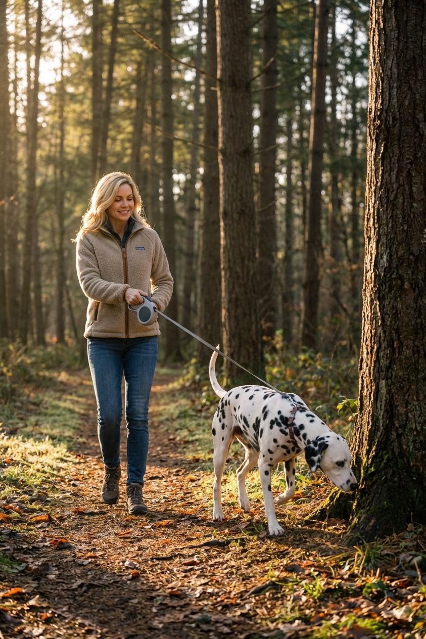 A Dalmatian on a long leash sniffing the ground on a wooded walking trail, early morning natural light, candid photo