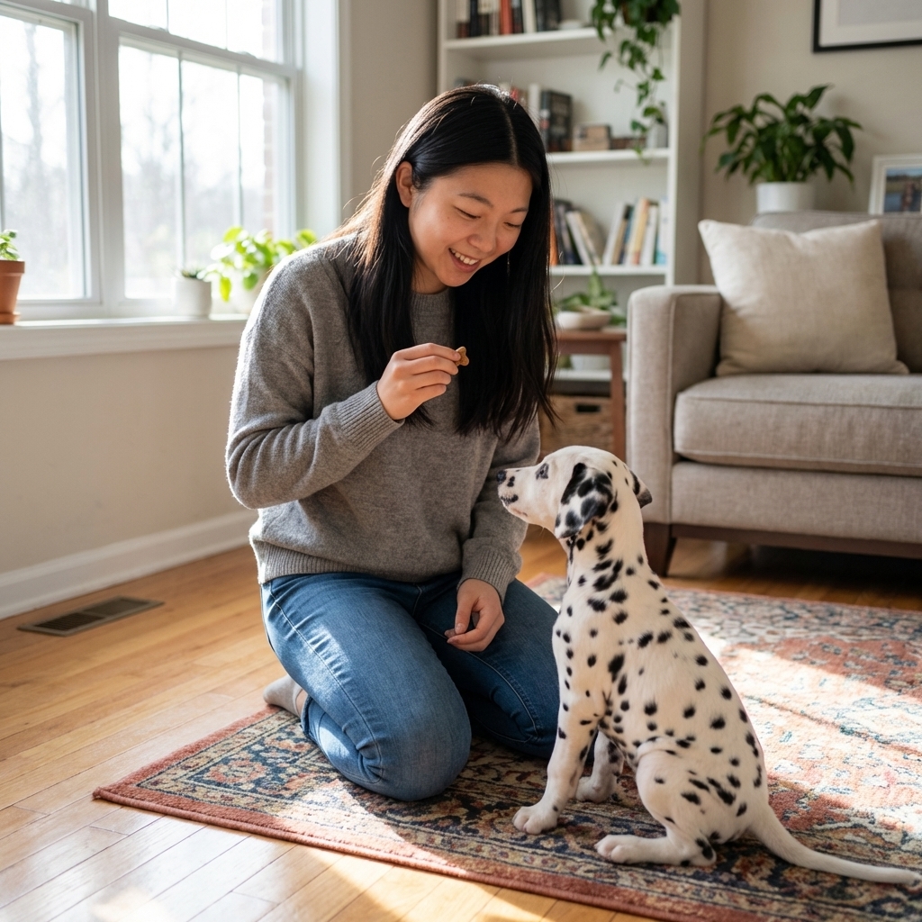 A Dalmatian puppy sitting attentively in a living room while a person holds a small treat near their chest, natural window light, candid photo