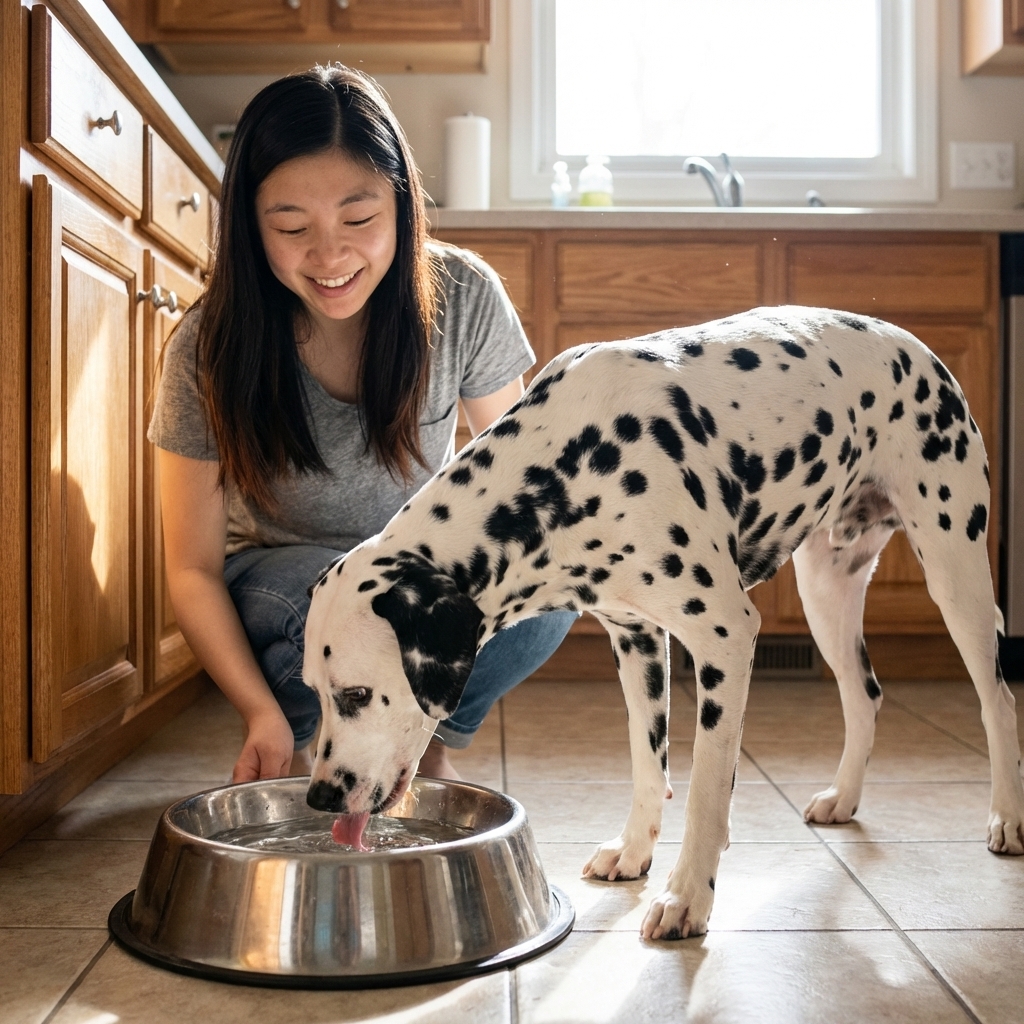 A Dalmatian standing in a kitchen drinking from a stainless steel water bowl, natural indoor light, candid photo
