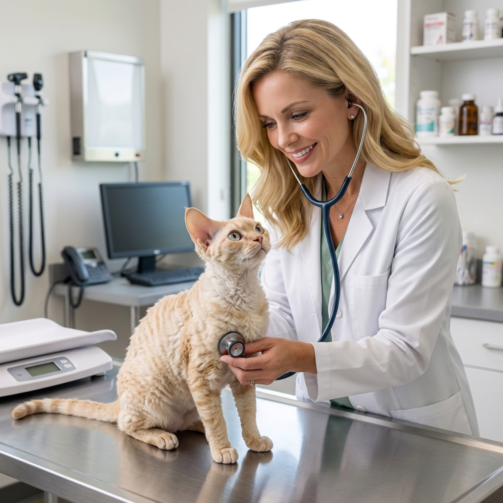 A Devon Rex cat being gently examined by a veterinarian on an exam table