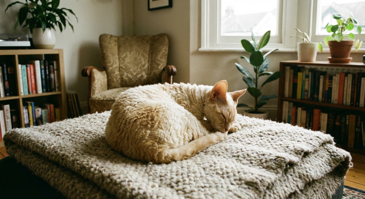 A Devon Rex cat curled up on a soft blanket in a quiet corner of a home