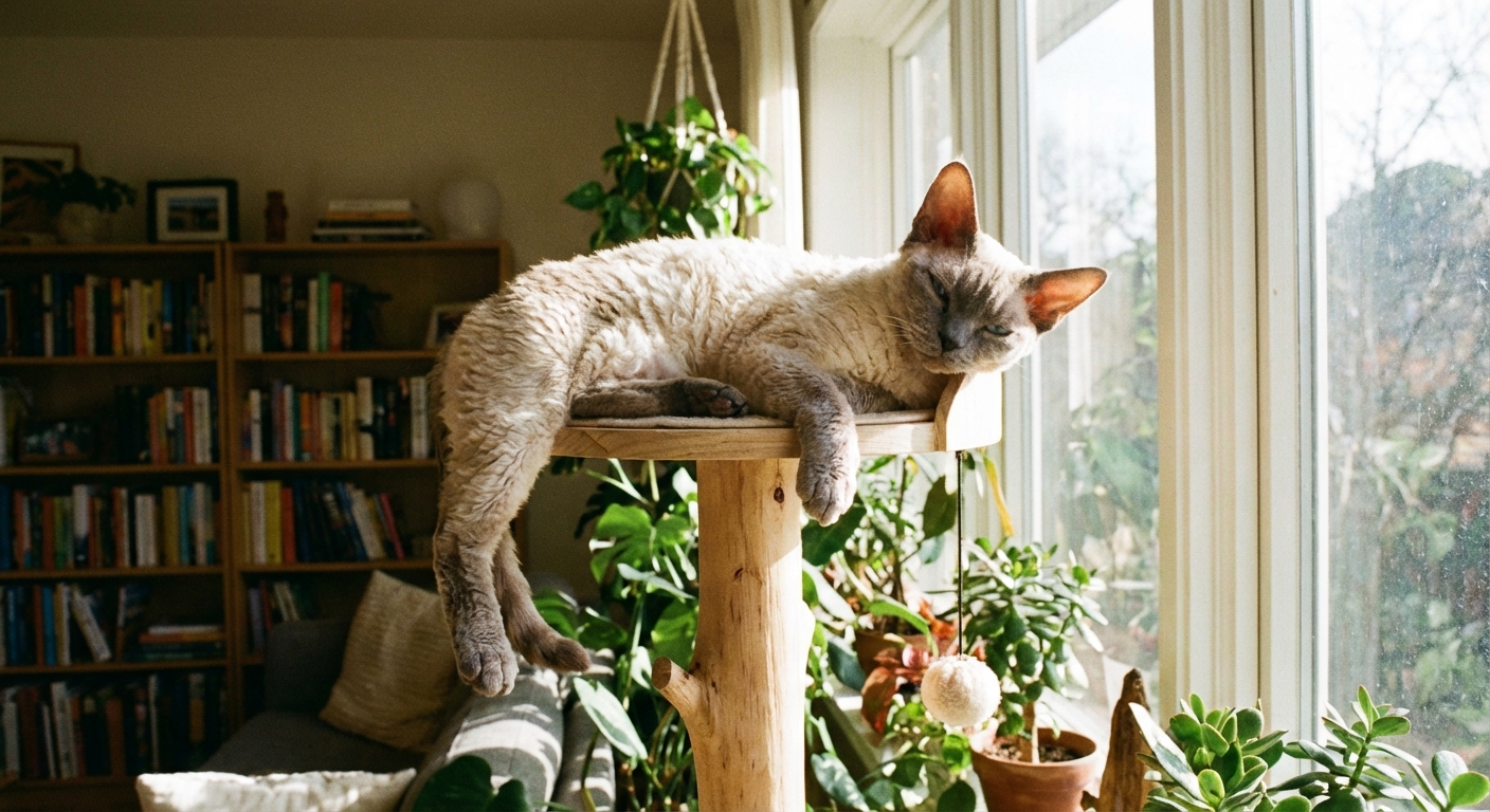 A Devon Rex cat lounging on a tall cat tree near a sunny window
