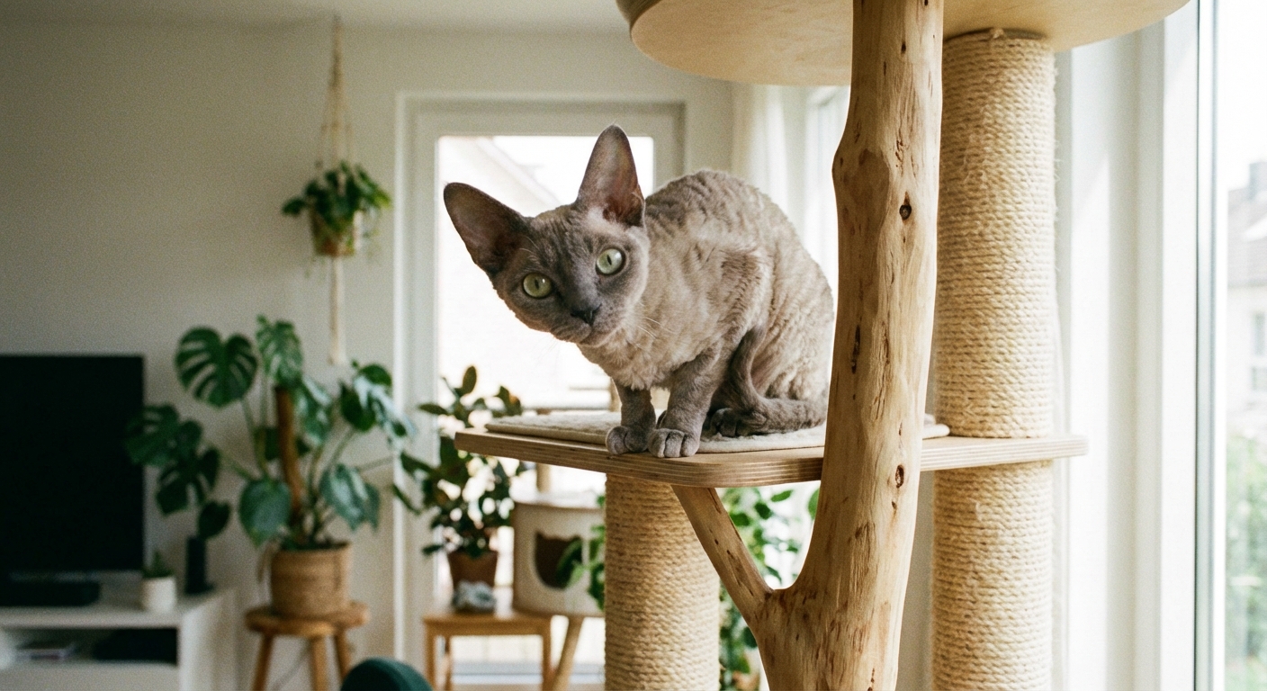 A Devon Rex cat perched on a cat tree looking toward the camera