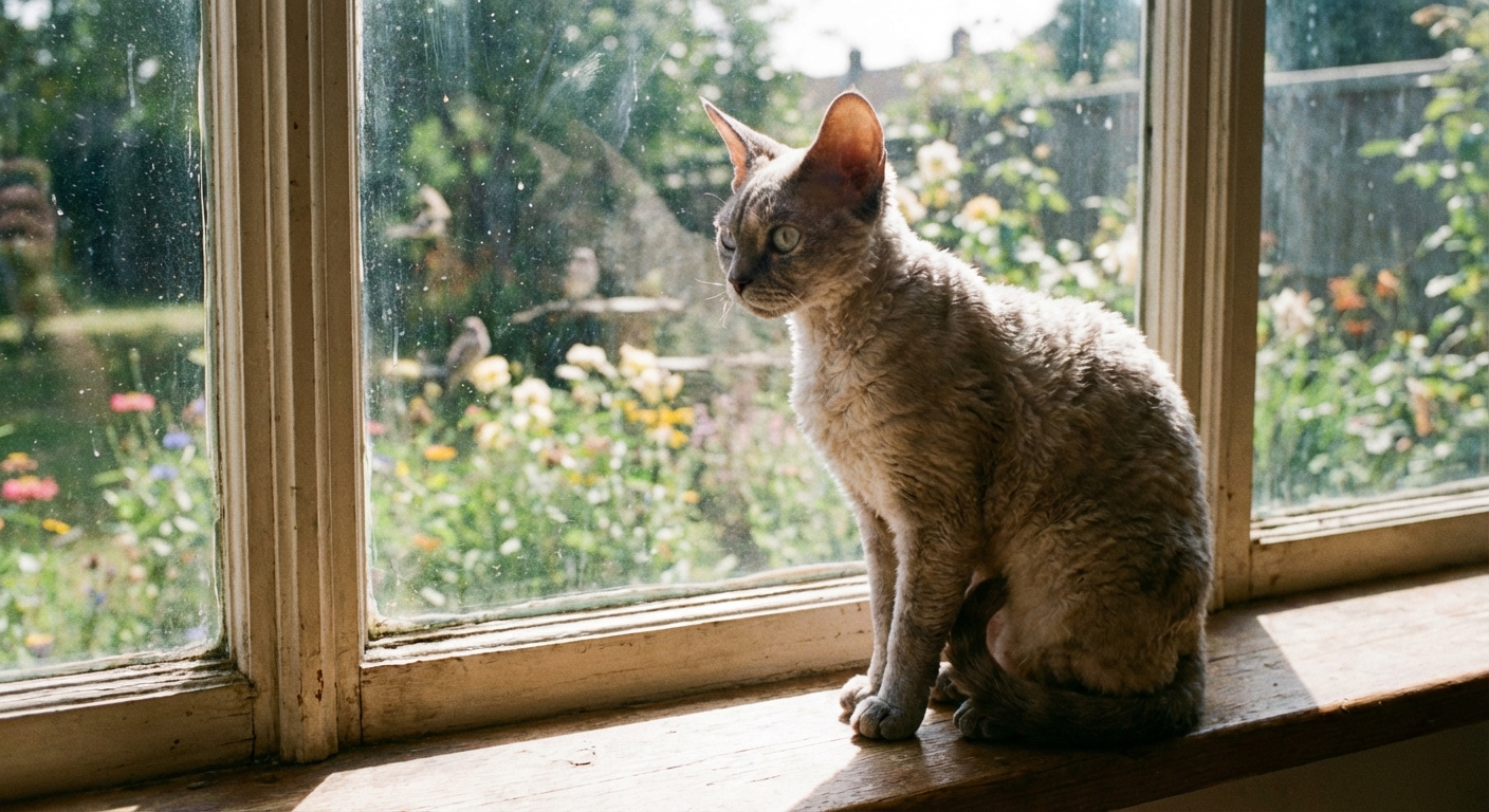 A Devon Rex cat perched on a windowsill looking outside on a bright day